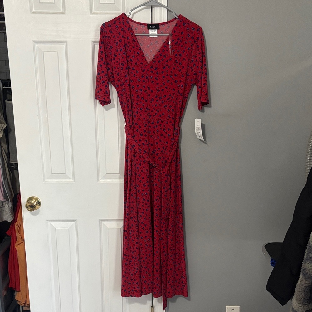 MSK Red Floral Wrap-Style Midi Dress